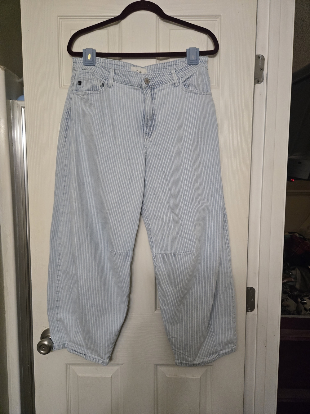 KanCan Bucket Barrel Light Blue & White Pinstripe Wide-Leg Jeans